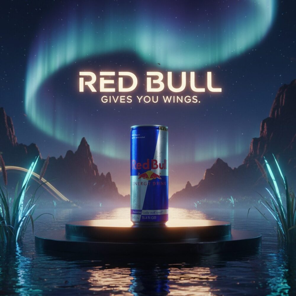 A hyperrealistic cinematic poster of a Red Bull can on an obsidian pedestal in a tranquil lake, surrounded by glowing bioluminescent plants, under an aurora-lit night sky with jagged cliffs.